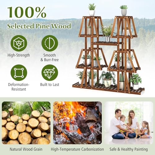 GIANTEX Plant Stand Indoor, 5-Tier Wooden Trapezoid Plant Holder Rack for Multiple Plants, Carbonized Pine Wood, Indoor Outdoor Flowerpot Holder Display Shelf for Living Room Balcony Patio Porch