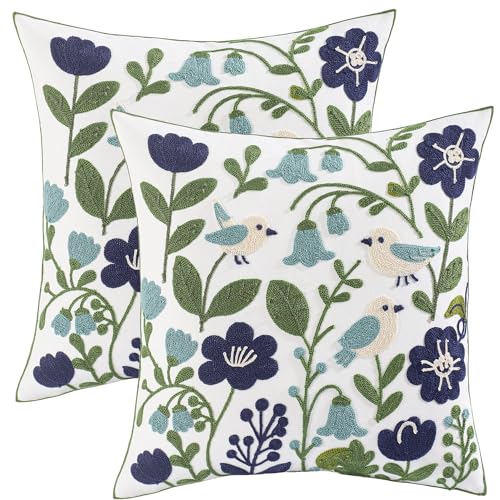 Embroidered Throw Pillow Covers 18x18 inch Pack of 2 Navy Blue Birds - color: Green Leaves With Birds