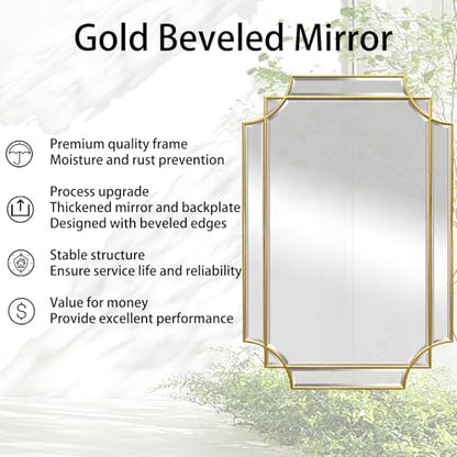 36"x24" Gold Rectangle Beveled Mirror with Geometric Wood Frame - color: Gold, size: 36"L x 24"W