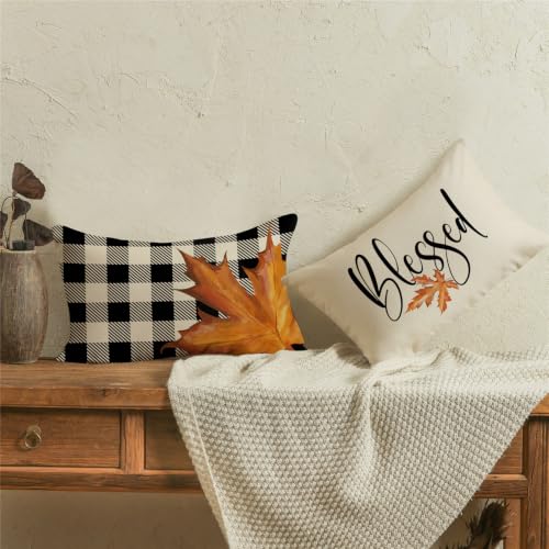 Fall Pillow Covers 12x20 Thanksgiving Farmhouse Decorations Buffalo Plaid Pumpkin Maple Leaf Outdoor Fall Decor Throw Pillow Covers Blessed Autumn Harvest Cushion Case for Sofa Couch Set of 4 - size: 20" x 12" (Pack of 4)