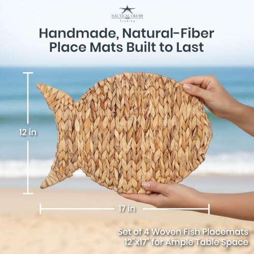 Woven Fish Placemats Set of 4 (12"x17") – Water Hyacinth Placemats Indoor – Farmhouse Placemat for Dining Table – Boho Place mats – Wicker Rattan Place mats - style: Fish 4 pack