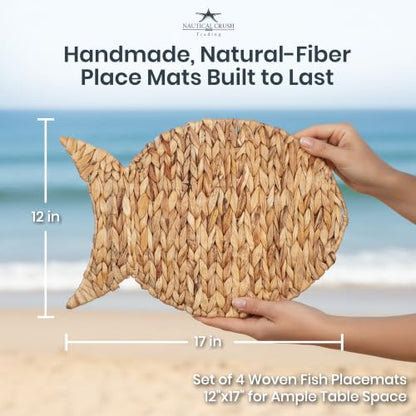 Woven Fish Placemats Set of 4 (12"x17") – Water Hyacinth Placemats Indoor – Farmhouse Placemat for Dining Table – Boho Place mats – Wicker Rattan Place mats - style: Fish 4 pack