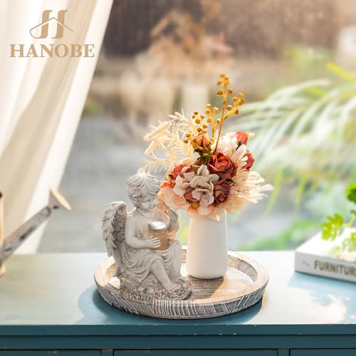 Hanobe 장식용 커피 테이블 트레이, 둥근 나무 캔들 홀더 플레이트 - color: 화이트 워싱