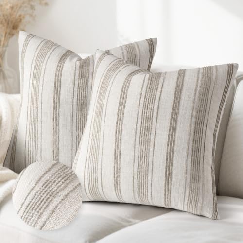 AELS 20x20 Decorative Farmhouse Linen Throw Pillow Covers, Beige with Brown Chenille Striped Pillow Case, Set of 2, Boho Textured Cushion Cover for Sofa Couch Living Room (Cover ONLY) - color: Beige With Brown, size: 20" x 20" (Pack of 2)