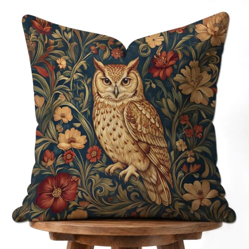 Vintage Owl Flower Whimsical Throw Pillow Cover,Retro Decorative Pillowcase - color: Dark Green-owl