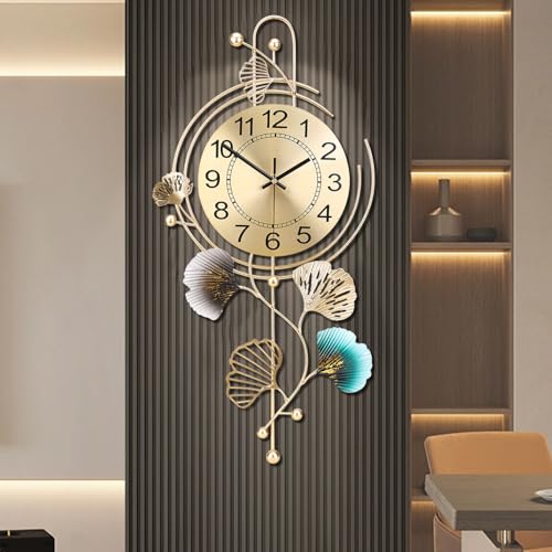 FILLOVE Elegant Metal Wall Clock with Silent Round dial and Gold and Blue Leaves, Modern Non-Walking Silent Metal Wall Clock for Living Room, Bedroom, Study, Office (25in*12in) (Gold Leaf) - color: Gold Leaf