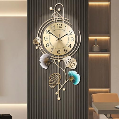 FILLOVE Elegant Metal Wall Clock with Silent Round dial and Gold and Blue Leaves, Modern Non-Walking Silent Metal Wall Clock for Living Room, Bedroom, Study, Office (25in*12in) (Gold Leaf) - color: Gold Leaf