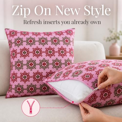 Pink Patterned Decorative Throw Pillow Covers, Set of 4, 18x18 Inch Bold Boho Accent Pillow Cover 4 Pack - color: Pink