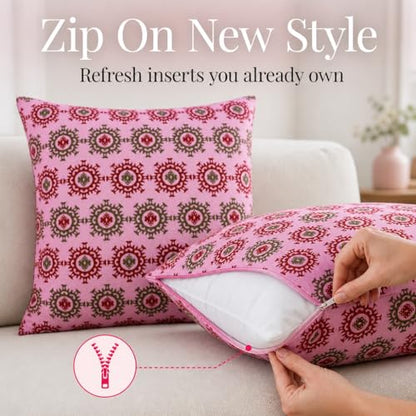 Pink Patterned Decorative Throw Pillow Covers, Set of 4, 18x18 Inch Bold Boho Accent Pillow Cover 4 Pack - color: Pink