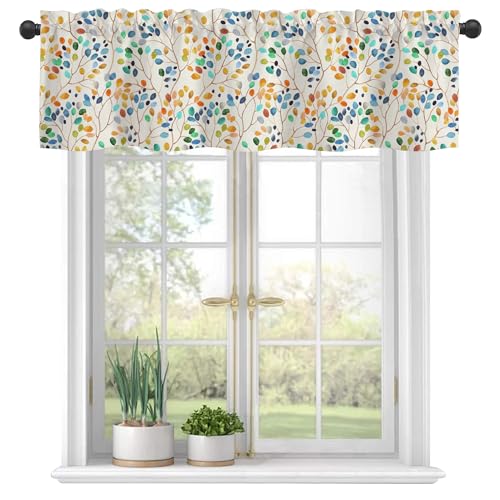 Curtain Valances, Bright Watercolor Colorful Leaves Spots Semi Sheer Kitchen Windows Valances, Rod Pocket Short Window Treatment Light Filtering Decor Valances for Kitchen Living Room Bedroom -54"x18" - color: Colorful Leaves, size: 18"W x 54"L (Pack of 1