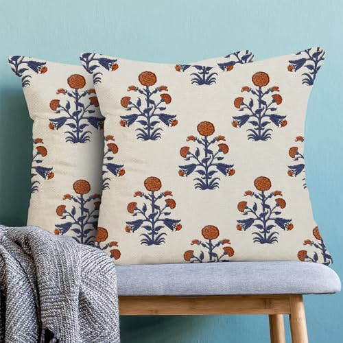 Navy Blue Vintage Pillow Covers 18 x 18 Inch Set of 2 Boho Burnt Orange Floral Outdoor Decor Throw Pillows Neutral Block Print Flower Linen Farmhouse Decorative Pillowcases for Couch Bed Sofa - color: Burnt Orange Navy Blue, size: 18" x 18" (Pack of 2)