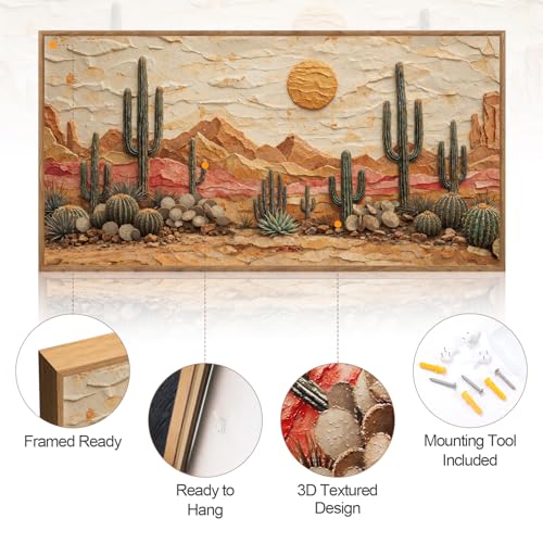 Aurlan 3D Textured Cactus Arizona Desert Framed Canvas Wall Art 40x20 Inch - color: Cactus Desert (3D Textured), size: 40"L x 20"W