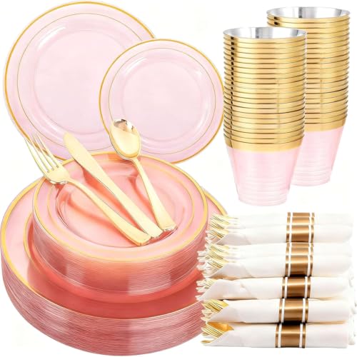 WELLIFE 210Pcs Clear-Pink Plastic Dinnerware- Pink and Gold Plastic Dinnerware include 30 Dinner Plates, 30 Dessert Plates, 90 Gold Silverware, 30 Cups and 30 Napkins Perfect for Parties - color: Clear Pink and Gold, style: 210PCS（30 Guests）