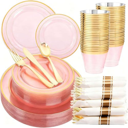 WELLIFE 350Pcs Clear-Pink Plastic Dinnerware- Pink and Gold Plastic Dinnerware include 50 Dinner Plates, 50 Dessert Plates, 150 Gold Silverware, 50 Cups and 50 Napkins Perfect for Parties - color: Clear Pink and Gold, style: 350PCS（50 Guests）
