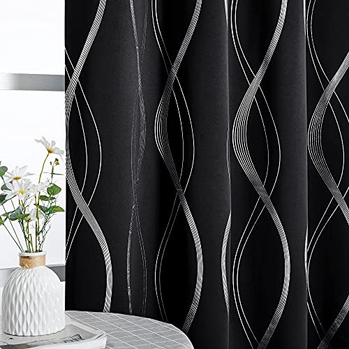 NICETOWN Black Out Curtains for Small Window - Foil Printed Wave Lines Thermal Insulated Blackout Panels/Drapes for Bedroom Kitchen Loft Cafe (2 Panels, 42 inches Wide by 63 inches Long) - color: 1 - Black, size: 42"W x 63"L (Pack of 2)