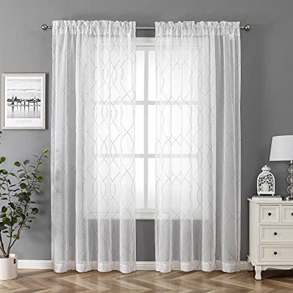 VISIONTEX White Sheer Curtains Grey Dots Moroccan Embroidered 63 Inches - color: Dots-grey, size: 54"W x 63"L (Pack of 2)