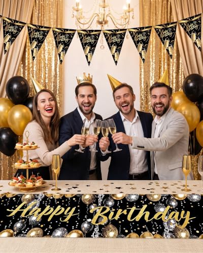 Happy Birthday Table Runner Set, 2 Banners, Black Gold, 13 x 72 in - color: Black Suit
