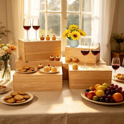 6 Pack Buffet Risers and Stands, Dessert Table Display Set with Mini Signs - color: Beige, size: 6 Pcs A