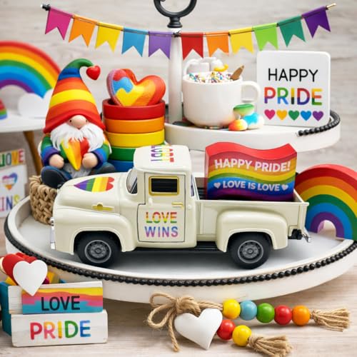 Pride Rainbow Mini Truck Decor with Wooden Sign, 5.7 Inch - color: Rainbow