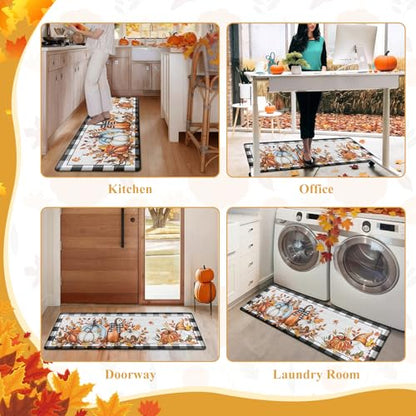 SHACOS Fall Anti Fatigue Kitchen Mats Pumpkins Gnome 17x27.5+17x47 | Orange Maple Black White Checkered Autumn Harvest Cushioned Kitchen Rugs Sets of 2 Non Slip Kitchen Floor Mat - color: Pumpkins Black Plaid