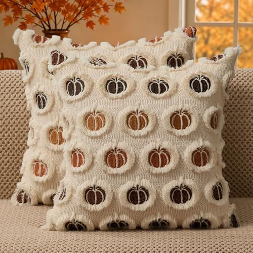 DFXSZ Fall Pillow Covers 20x20 Set of 2 Darkcolor Pumpkin Embroidery Beige - color: Multicolor Pumpkins, size: 20" x 20" (Pack of 2)