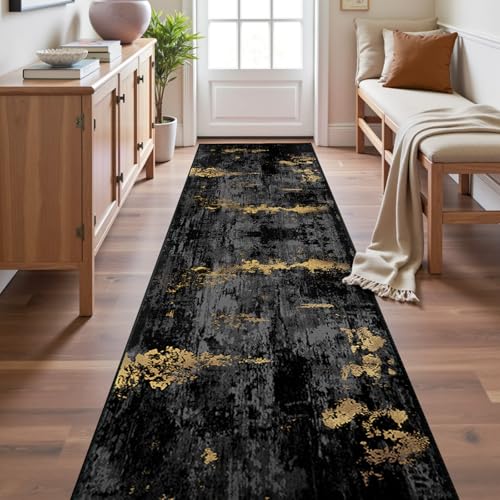RELEANY Washable Runner 2'x10' Abstract Area Rug for Hallway Black Gold - color: Black/Gold, size: 2' x 10' (Runner)