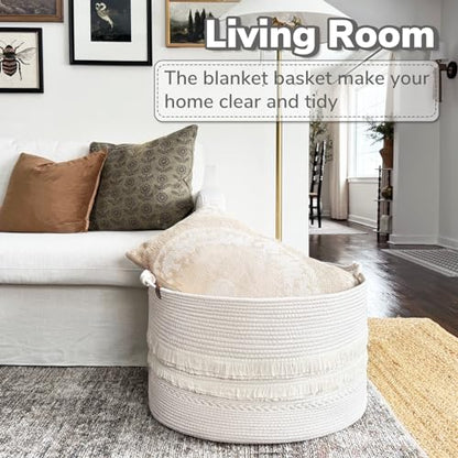 CherryNow 90L Large Woven Rope Blanket Basket with Tassel, 22" x 14", White - color: Off-white, size: 83L (22"W x 14"H)