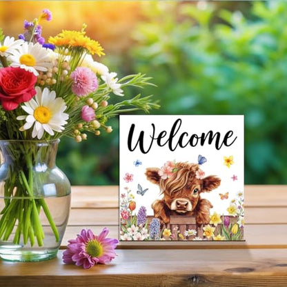 Cute Highland Cow Wooden Box Welcome Sign - color: Highland Cow