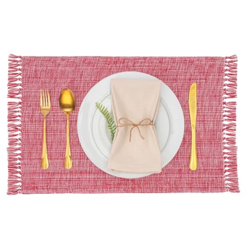Cotton Placemats Set of 6-13x19 Inch, Woven Chambray Place Mats, Durable & Elegant for Dining Table, Wedding, Restaurant, Machine Washable, Oeko-TEX Certified -Winery/Red - color: Winery Red - Chambrey