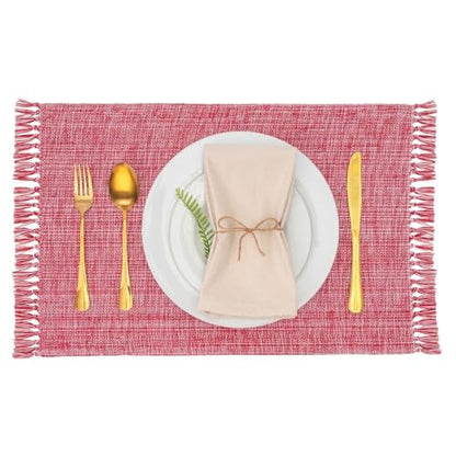 Cotton Placemats Set of 6-13x19 Inch, Woven Chambray Place Mats, Durable & Elegant for Dining Table, Wedding, Restaurant, Machine Washable, Oeko-TEX Certified -Winery/Red - color: Winery Red - Chambrey