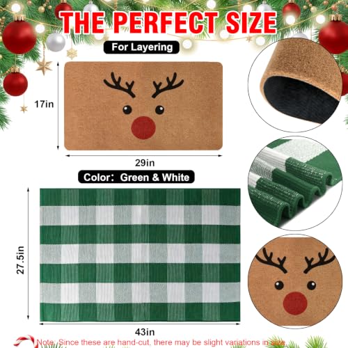 2 Piece Christmas Door Mat Set, Reindeer Coir Mat & Green Plaid Mat - color: Green and White