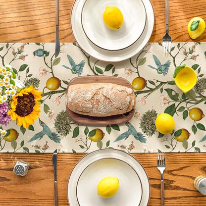 Artoid Mode Brown Lemon Tree Bird Flower Summer Table Runner,Spring Kitchen Dining Table Decoration for Home Party Decor 13x36 Inch - size: 13" x 36", Table Runner