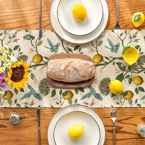 Artoid Mode Brown Lemon Tree Bird Flower Summer Table Runner,Spring Kitchen Dining Table Decoration for Home Party Decor 13x60 Inch - size: 13" x 60", Table Runner