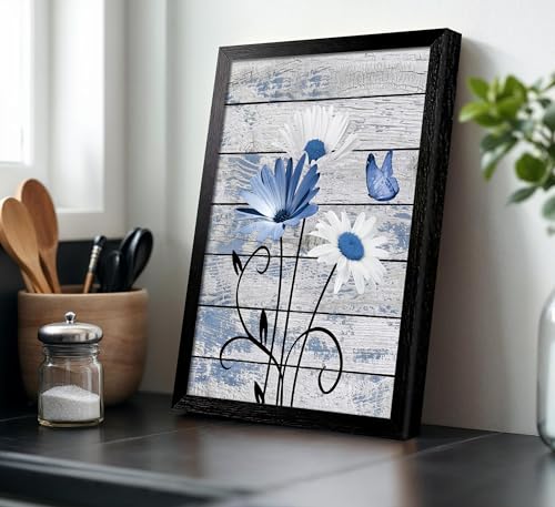 Black Framed Daisy Floral Wall Art - color: blue, size: 10"L x 8"W