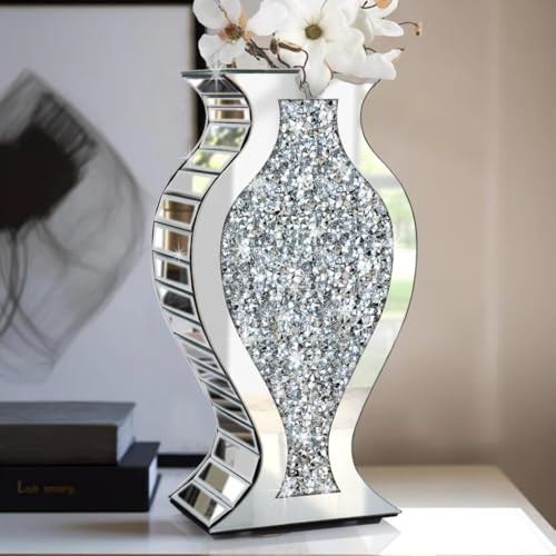 Crushed Diamond Mirrored Vase 15" S-Curve Silver Sparkle Decor Centerpiece - color: Silver