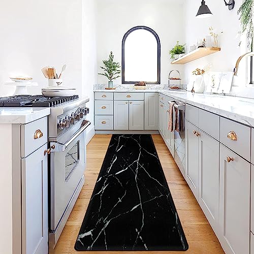 Mrcrypos Long Anti-Fatigue Kitchen Rugs Black Marble Soft Waterproof Kitchen Mat for Floor PVC Leather Non Slip Entryway Kitchen Rug Runner Mat Farmhouse Carpet for Bathroom 23" W x 70" L - size: 70"L x 23"W x 0.4"Th