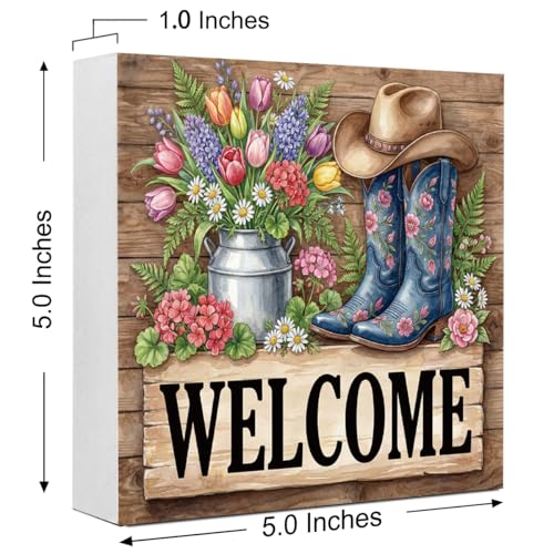 Welcome Sign Spring Wooden Box Sign, Farmhouse Spring Decorations for Home Office Bathroom Kitchen Rustic Wood Block Signs for Desk Shelf Table Decor - color: Welcome3