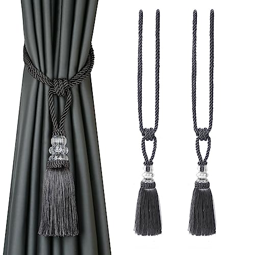BEL AVENIR 2 Pack Curtain Tiebacks Hand-Woven Holdbacks Tassels Tiebacks - color: Charcoal, size: 2 Pack