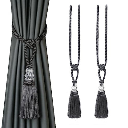 BEL AVENIR 2 Pack Curtain Tiebacks Hand-Woven Holdbacks Tassels Tiebacks - color: Charcoal, size: 2 Pack
