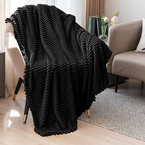 DISSA Fleece Blanket Twin Size – 60x80, Black - Soft, Plush, Fluffy, Fuzzy, Warm, Cozy – Perfect Throw for Couch, Bed, Sofa - with Pompom Fringe - Flannel Blanket - color: Black, size: 60x80"