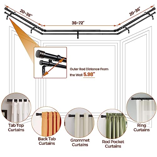 HOTOZON Double Bay Window Curtain Rods 36 to 72 Inches(Center Rod), Black - color: Black