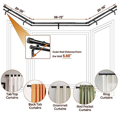 HOTOZON Double Bay Window Curtain Rods 36 to 72 Inches(Center Rod), Black - color: Black