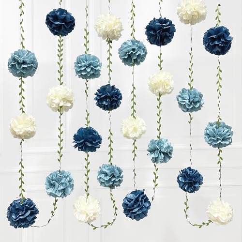 Dusty Blue Party Decorations Dusty Navy Blue Beige Tissue Paper Flowers Pom Pom with Leaf Ribbon Hanging Garland Streamer for Birthday Wedding Graduation Retirement Nautical Party Supplies - color: Dusty Blue Beige