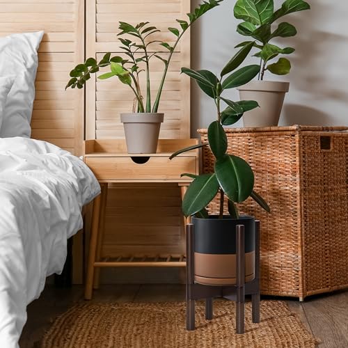 D'vine Dev Ceramic Pot with Walnut Wood Stand, Black/Tan, 8 in, 55-B-Y-7 - color: Black/Speckled Tan Pot + Walnut Color Stand, size: 8 Inch