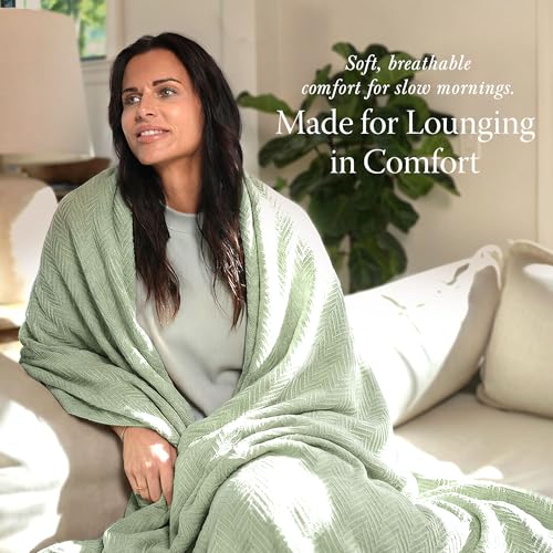 Threadmill Luxury 100% Cotton Twin Herringbone Blanket, Sage Green - color: Sage Green, size: Twin (68" x 92")