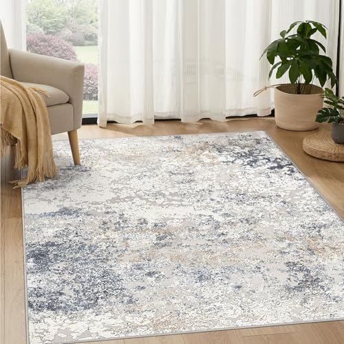 DMOYEST Square Area Rug Living Room Rugs - 6x6 Washable Large Soft Indoor Neutral Modern Abstract Low Pile Rug Carpet for Bedroom Dining Room Farmhouse Home Office - Beige Blue - color: Beige Blue, size: 6' x 6' (Square)