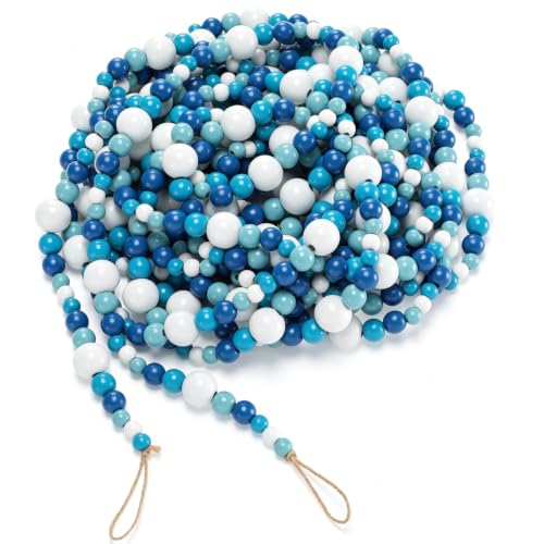 Giegxin 32.8 FT Coastal Blue Wood Bead Garland, White Blue Mixed Size Wooden Beads Farmhouse Decor, Rustic Beaded Strand for Tiered Tray, Mantel, Table, Shelf and Beach House Decorations - color: Gradient Blue