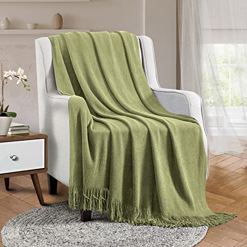 Vonty Olive Green Knitted Throw Blanket with Tassels Fringe, 50x60 Acrylic - color: Olive Green, size: 50" x 60"