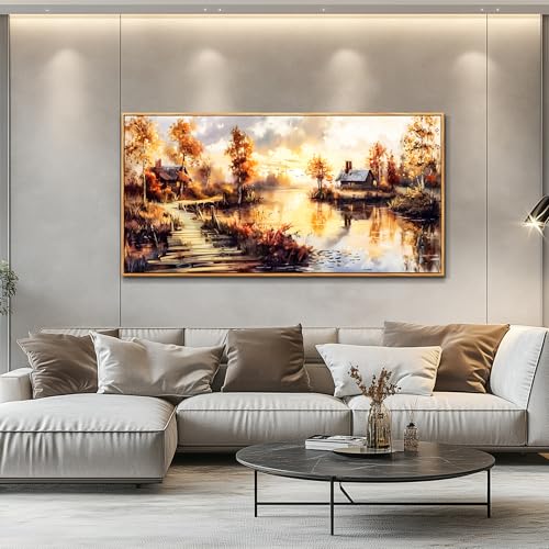 Large Framed Landscape Wall Art, Riverside Meadow Scenery Painting Print - color: Countryside Painting Wood Framed, size: 48"L x 24"W