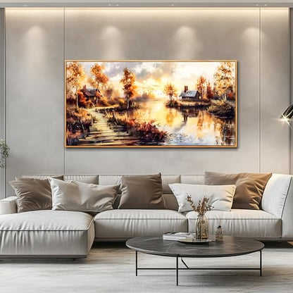 Large Framed Landscape Wall Art, Riverside Meadow Scenery Painting Print - color: Countryside Painting Wood Framed, size: 48"L x 24"W